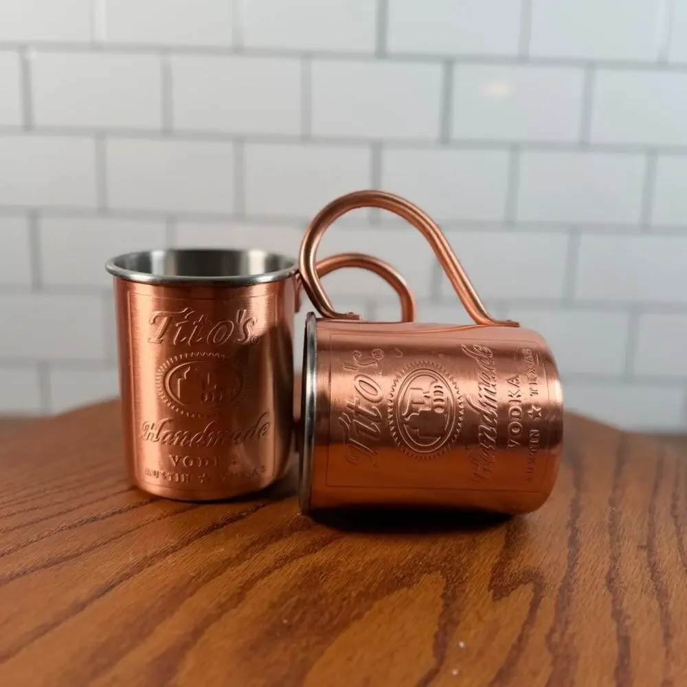 Pair of Tito's Handmade Vodka Copper Moscow Mule Mugs Lined 12oz